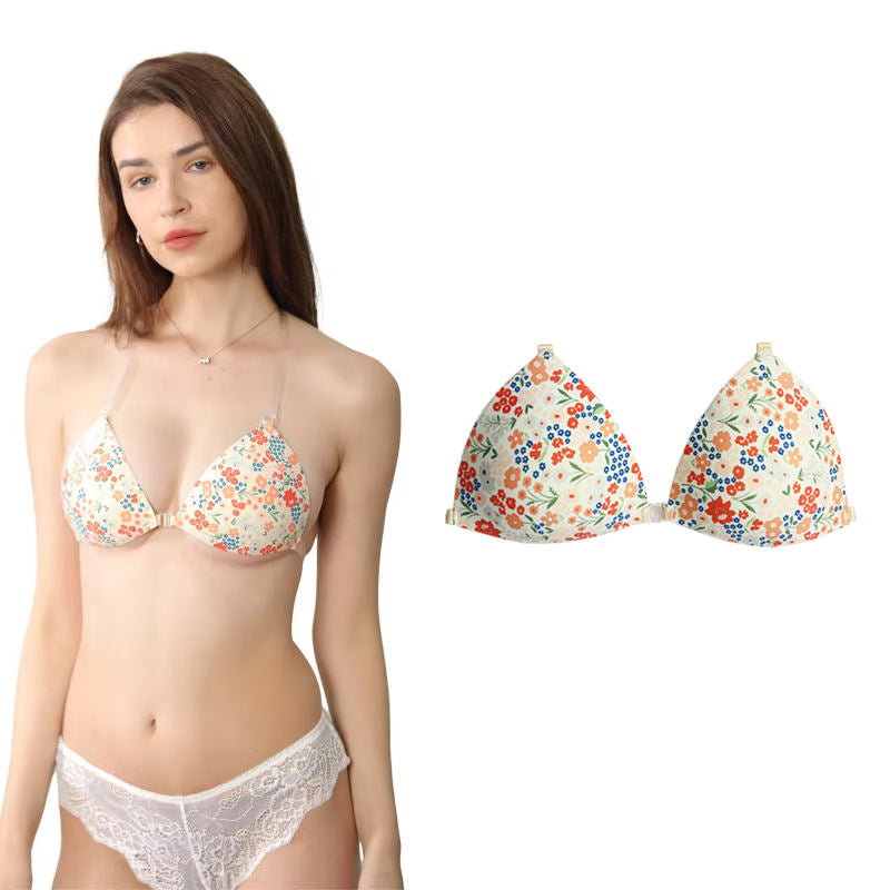 Women's Triangle Shaped Removable Front Buckle Design Invisible Floral Bikini Adhesivo Bra Suitable for Fashion Swim Wear