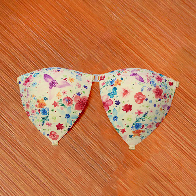 Women's Triangle Shaped Removable Front Buckle Design Invisible Floral Bikini Adhesivo Bra Suitable for Fashion Swim Wear